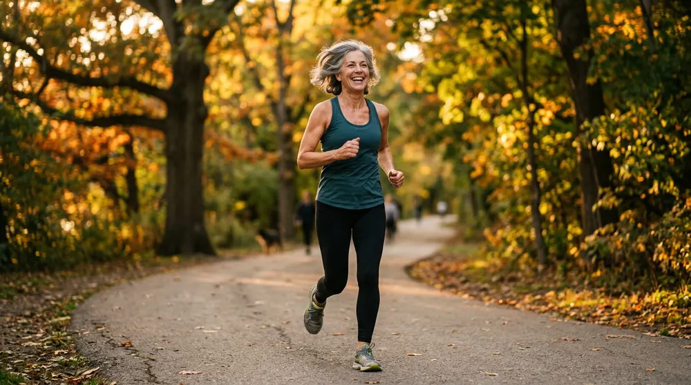 Mulher madura com vitalidade praticando exercício ao ar livre